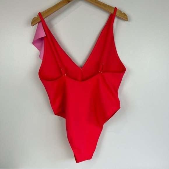 Asos river island frill assymetric swimsuit in neon barbie pink and coral - Picture 4 of 16